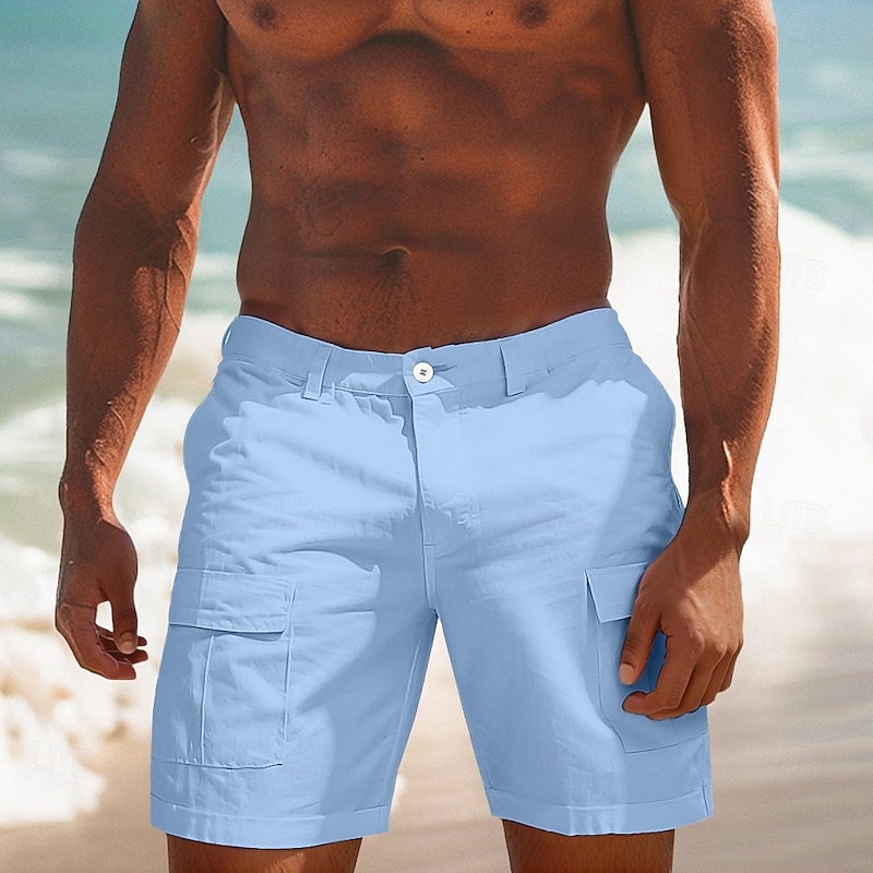 Men's Cargo Shorts Linen Shorts Summer Shorts Beach Shorts Buttons Multi Pocket Straight Leg Plain Comfort Breathable Knee Length Outdoor Daily Holiday Vacation Fashion White Sky Blue3