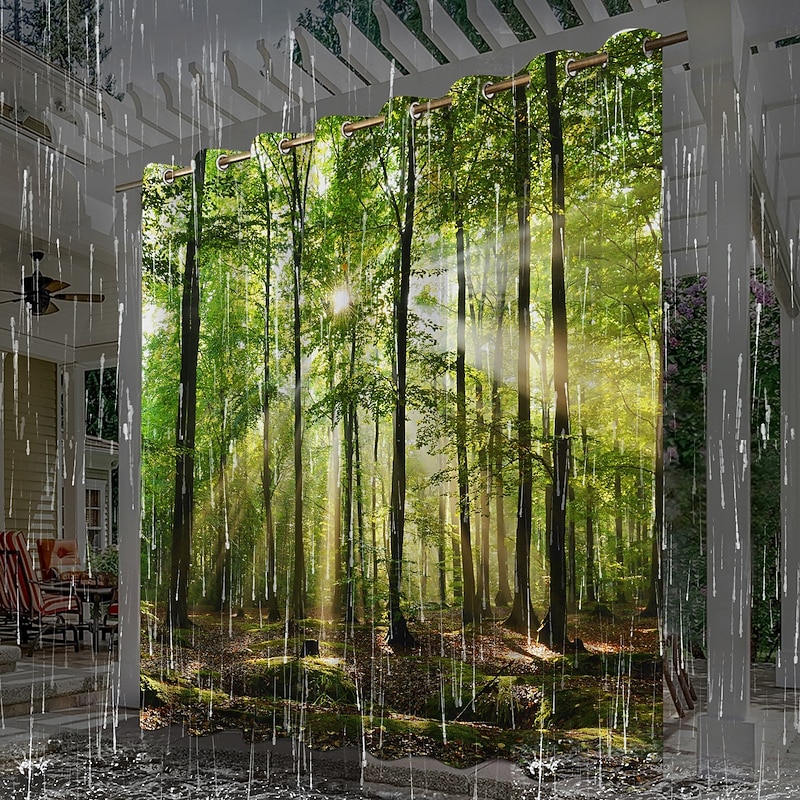 Waterproof Outdoor Curtain For Patio , Privacy Sliding Patio Curtain Drapes, Pergola Curtains Grommet 3D Forest Landscape For Gazebo, Balcony, Porch, Party, 1 Panel 25