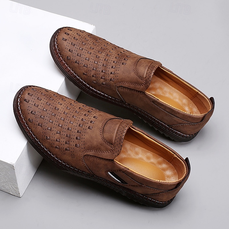 Men's Brown Suede Slip-On Loafers - Breathable Hollow-Out Casual Shoes for Summer & Work3