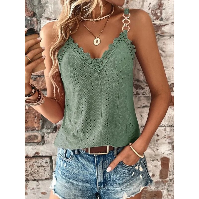 Women's Camisole Tank Top Solid Color Basic Casual Sleeveless Strap Regular Tops Daily Lace Patchwork White Yellow Pink Army Green Gray Summer Spring3