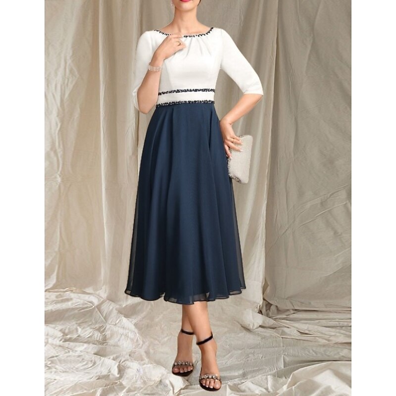A-Line Mother of the Bride Dress Wedding Guest Elegant Crew Neck Tea Length Chiffon Satin Half Sleeve with Beading Ruching Midi Dress3