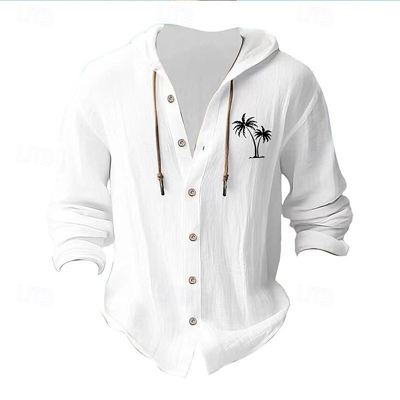Men's White Cotton Shirt Minimalist Aloha Shirt Casual Shirt Button Up Shirt Cotton Shirt Coconut Tree Vacation Street Black White Blue Khaki Long Sleeve Hooded Spring & Summer Clothing Apparel4
