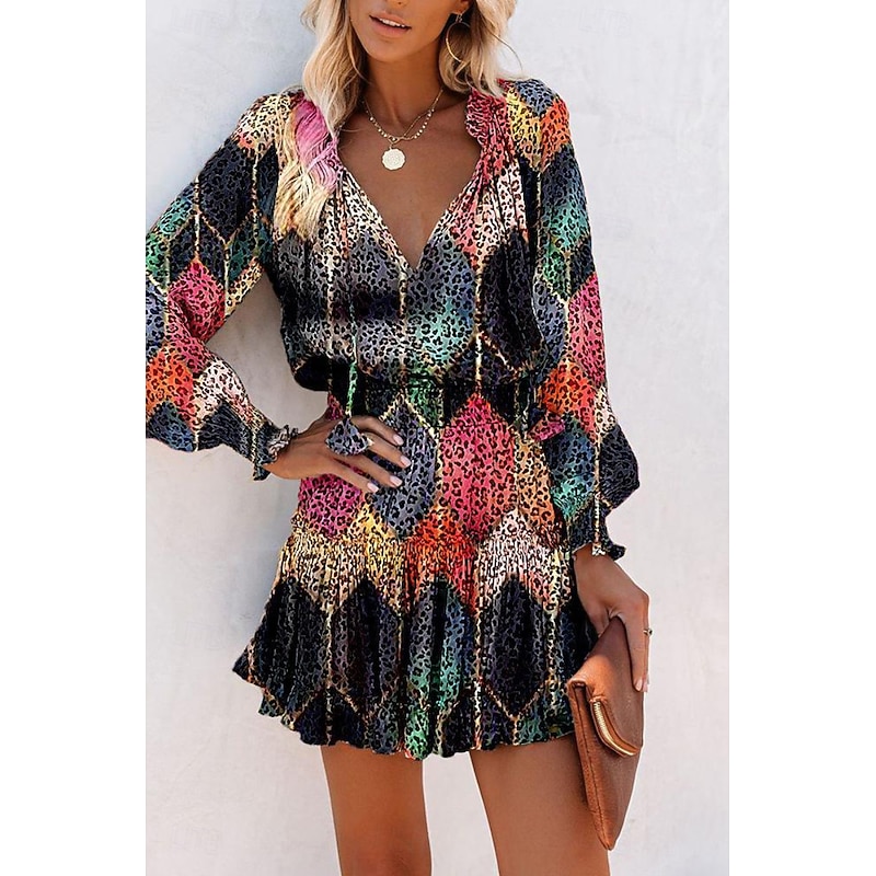 Women's Mini Dress Petite Dress Print Dress Fashion Daily Holiday Going out Regular Fit Flower Long Sleeve V Neck Black Red Khaki Rose Red Summer