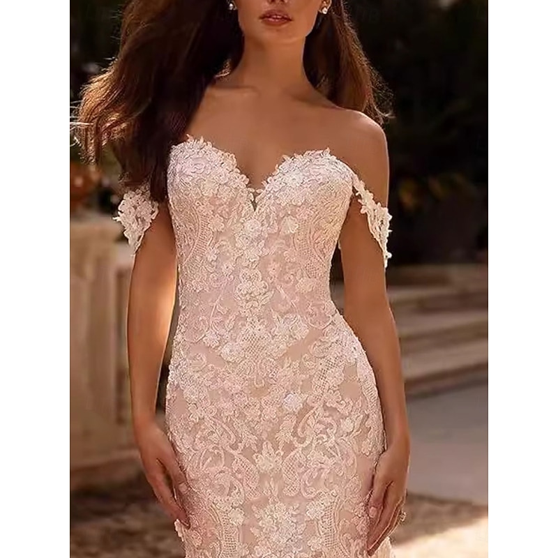 Wedding Dresses Mermaid / Trumpet Off Shoulder Sleeveless Court Train Tulle Bridal Gowns With Solid Color2