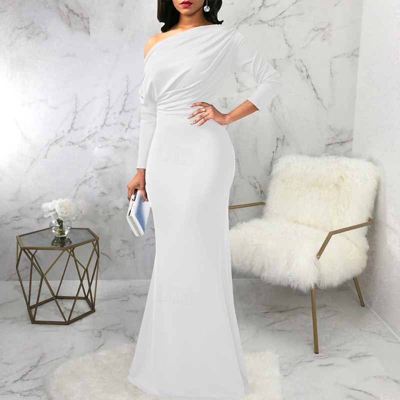 Women's Long Dress Maxi Dress Prom Dress Party Dress Elegant Fashion Party Going out Regular Fit Plain Long Sleeve One Shoulder Black White Wine Summer2