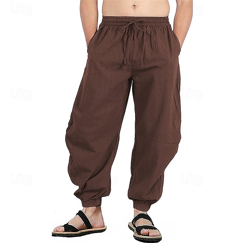 Men's Linen Pants Trousers Summer Pants Beach Pants Drawstring Elastic Waist Pleats Plain Comfort Breathable Full Length Casual Daily Holiday Fashion Classic Style Black White
