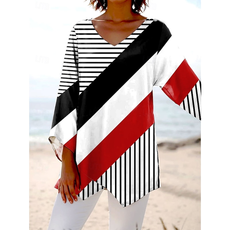 Women's Blouse Long Sleeve Asymmetrical Hem Graphic Geometric Striped Stylish Beach 3/4 Length Sleeve V Neck Regular Tops Daily  Spring Fall