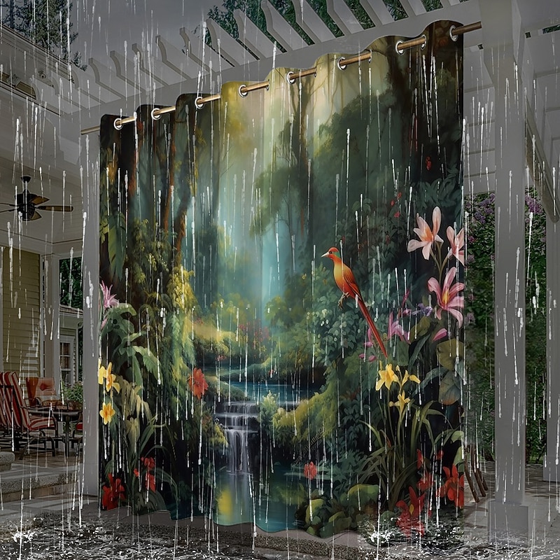 Waterproof Outdoor Curtain Privacy, Outdoor Shades, Sliding Patio Curtain Drapes, Pergola Curtains Grommet 3D Forest Landscape For Gazebo, Balcony, Porch, Party4