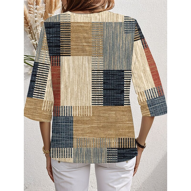 Women's Blouse Long Sleeve Asymmetrical Hem Graphic Geometric Plaid Stylish Beach 3/4 Length Sleeve Crew Neck Regular Tops Daily Print Khaki Spring Fall2