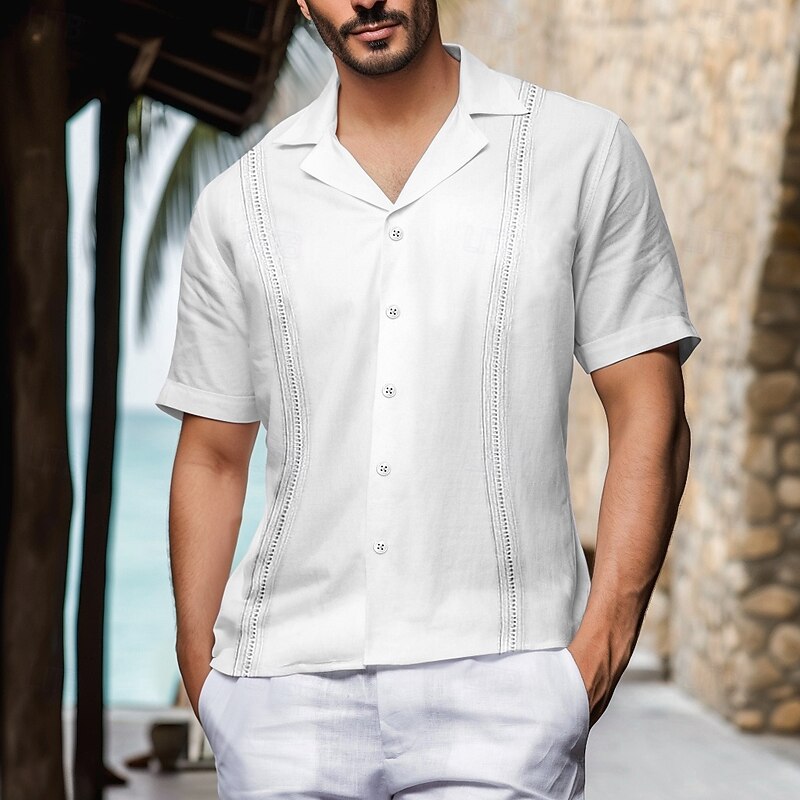 Men's Shirt Guayabera Shirt Summer Shirt Beach Shirt Plain Vacation Casual Black White Gray Light Blue Short Sleeve Collar Summer Spring Clothing Apparel