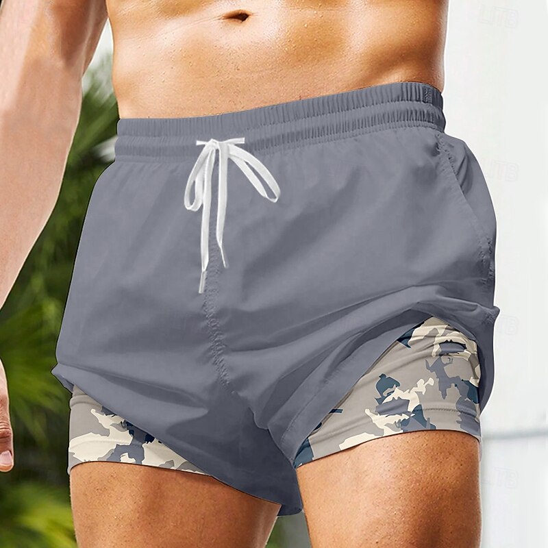Men's Camo Camouflage Lined Shorts 2 in 1 Board Shorts Swim Trunks Mid Waist Hawaiian Vacation Holiday Beach Wear Side Pockets With Compression Liner Elastic Drawstring Waist Designer Clothing Apparel3