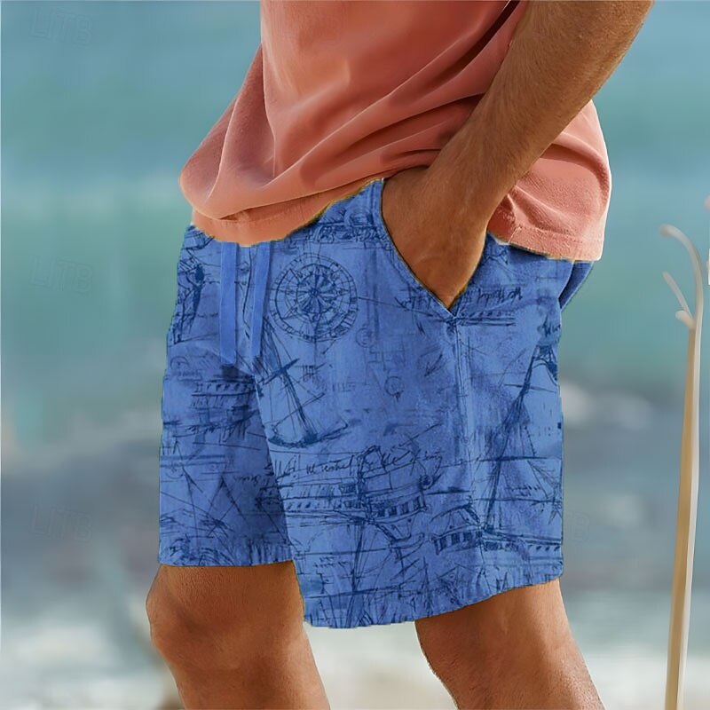 Men's Nautical Compass Sailboat Cotton Linen Shorts Shorts Mid Waist Vintage Retro Vacation Dailywear Holiday Drawstring Pocket Elastic Waist Designer Clothing Apparel3