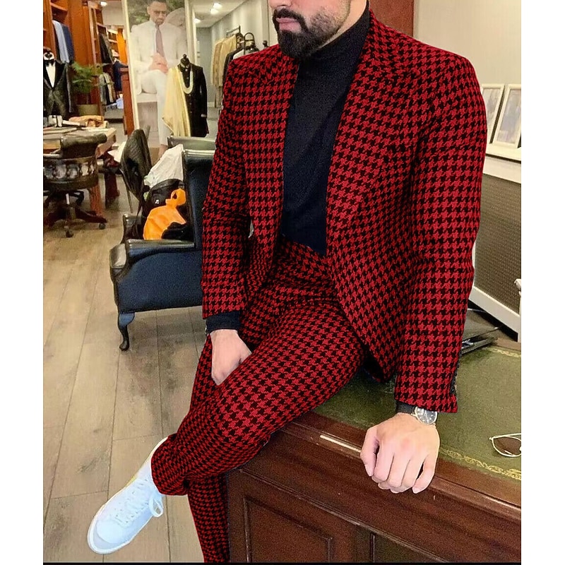 Men's Wedding Suits Peak Black+Red Fashion Business Plaid Tailored Fit 2 Piece Single Breasted One-button2