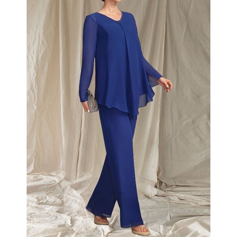 Pantsuit 3 Piece Mother of the Bride Dress Wedding Guest Elegant Crew Neck Floor Length Chiffon Long Sleeve with Beading3