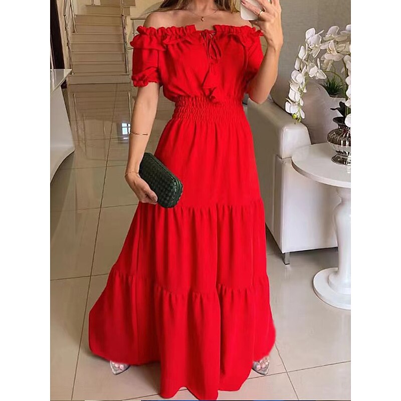 Women's Maxi Dress A Line Dress Milkmaid Dress Off The Shoulder Dress Puff Sleeve Dress Vacation Outdoor Daily Regular Fit Solid Color Short Sleeve Off Shoulder Black Yellow Red