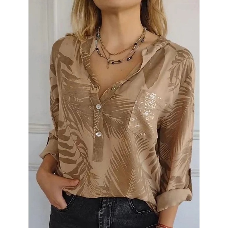 Women's Shirt Blouse Leaf Stylish Modern Long Sleeve V Neck Regular Tops Daily Holiday Buttons Print White Brown Khaki Gray Summer Spring2