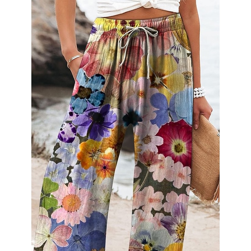 Women's Cotton Linen Wide Leg Chinos Baggy Pants Active Vacation Full Length High Waist Floral Elastic Waistband Printing Comfy Soft Comfortable Micro-elastic Outdoor Street Navy-blue Royal Blue2