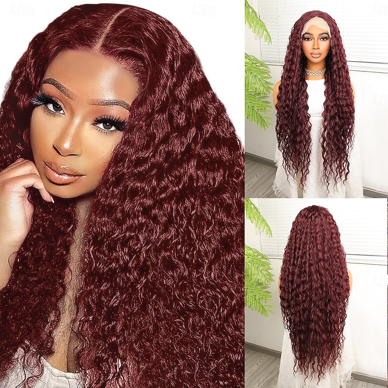 Synthetic Lace Wig Deep Curly Style 32 inch Burgundy Middle Part 13x4x1 T Part Lace Front Wig Women's Wig Wine Red