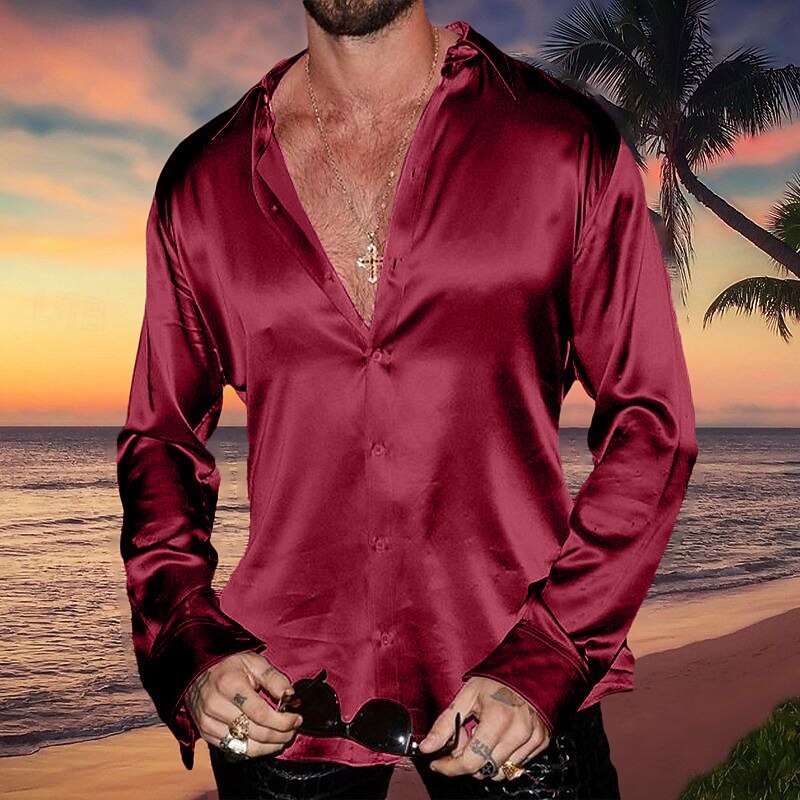 Men's Shirt Satin Shirt Casual Shirt Button Up Shirt Black White Red Blue Green Long Sleeve Plain Lapel Vacation Daily Clothing Apparel Cotton Cotton Blend Fashion Casual Comfortable3