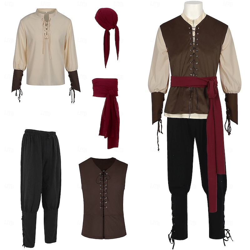 Retro Vintage Medieval Renaissance Cosplay Costume Outfits Suede Vest Pirate Knight Ritter Drawstring Fancy Dress Men's Pirate Halloween Carnival Masquerade Carnival LARP Ren Faire Adults' Vest Shirt2