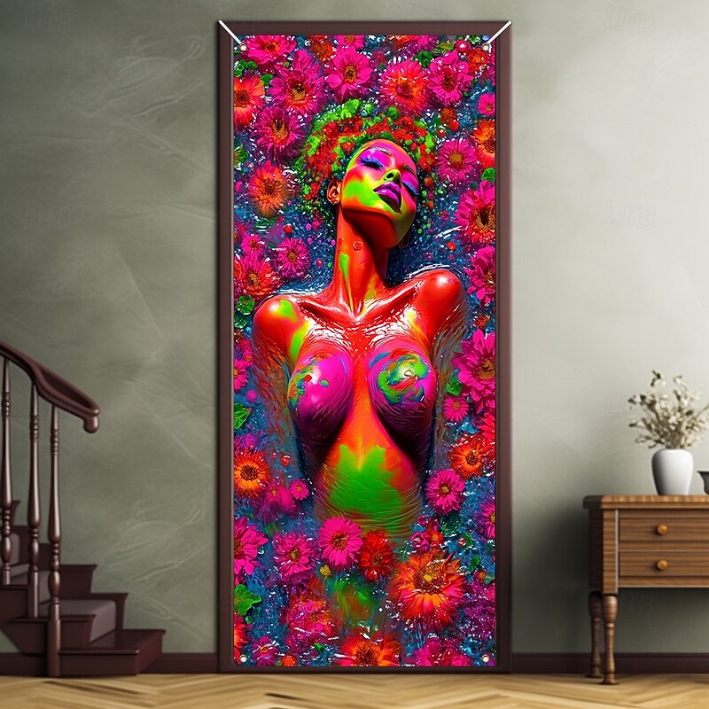 Oil Painting Woman Door Decorations Door Covers Door Tapestry Door Curtain Decoration Backdrop Indoor/Outdoor Door Banner for Front Door Farmhouse
