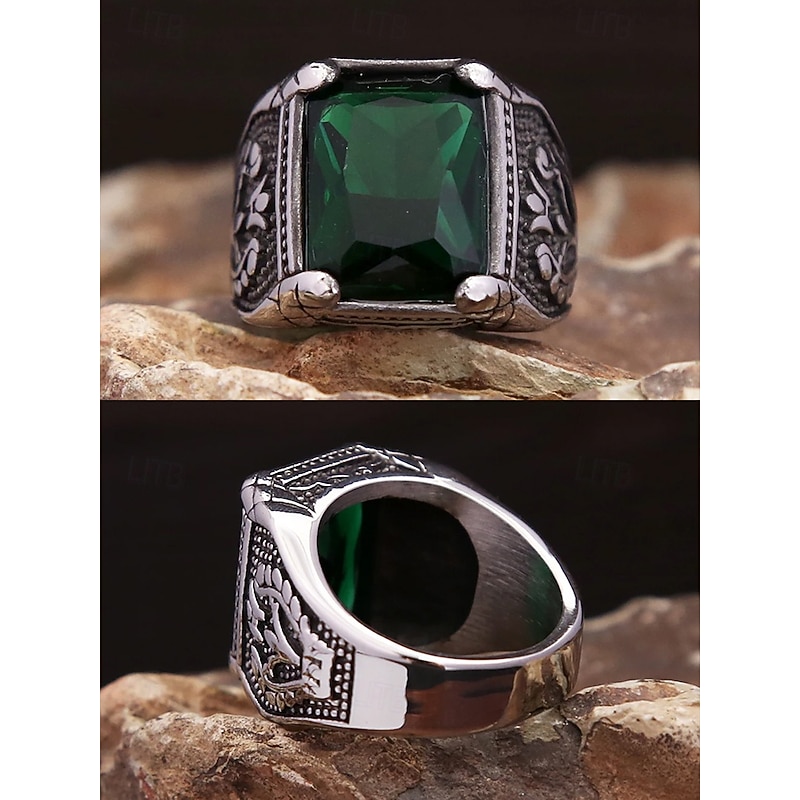 Vintage Men's Stainless Steel Emerald Gemstone Ring - Vintage Gothic Silver Statement Ring, Engraved Antique Style, Fashion Jewelry for Weddings, Parties and Daily Wear3