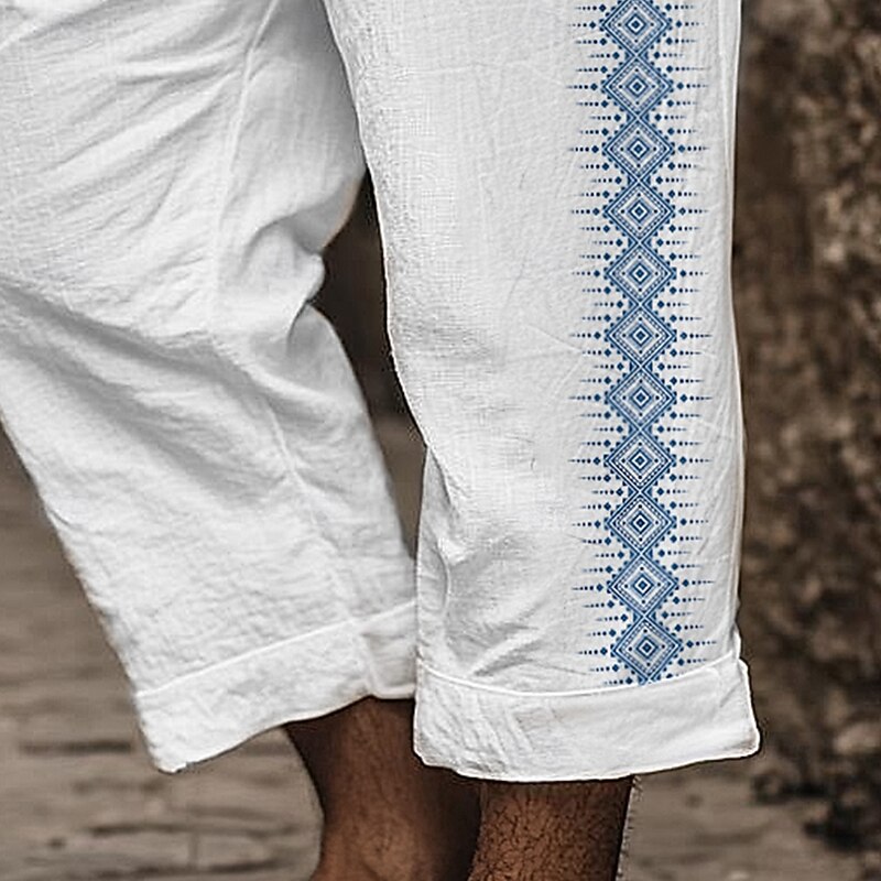 Men's Linen Pants Capri Pants Trousers Summer Pants Beach Pants Pocket Elastic Waist Plain Comfort Breathable Vacation Daily Holiday Hawaiian Boho White2