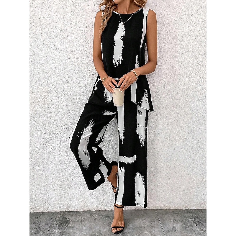 Women's 2 Pieces Fashion Daily Tank Top Pants Sets Sleeveless Round Neck Graphic Geometric Print Casual Daily Black White Summer Regular Fit3