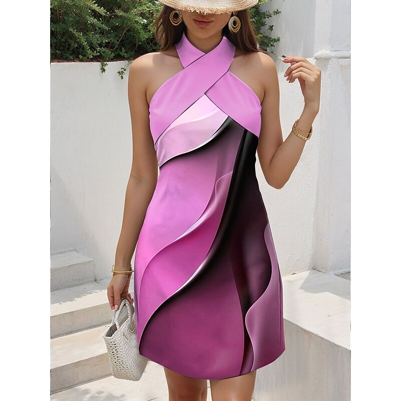 Women's Mini Dress T Shirt Dress Tee Dress Sundress A Line Dress Vacation Casual Going out Regular Fit Ombre Graphic Geometric Sleeveless Halter Neck Pink Blue Purple Green Summer4