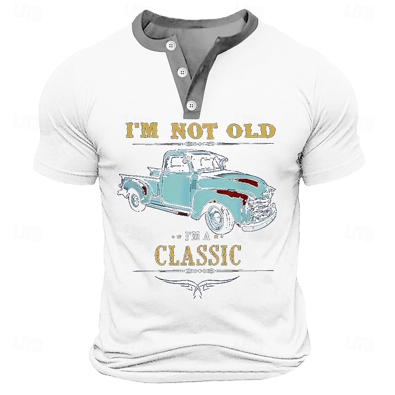 Men's Car 'CLASSIC' T Shirt Henley Shirt Short Sleeve Retro Vintage Street Casual Daily Summer Spring Black White Navy Blue Military Green Henley Henley T-Shirt2