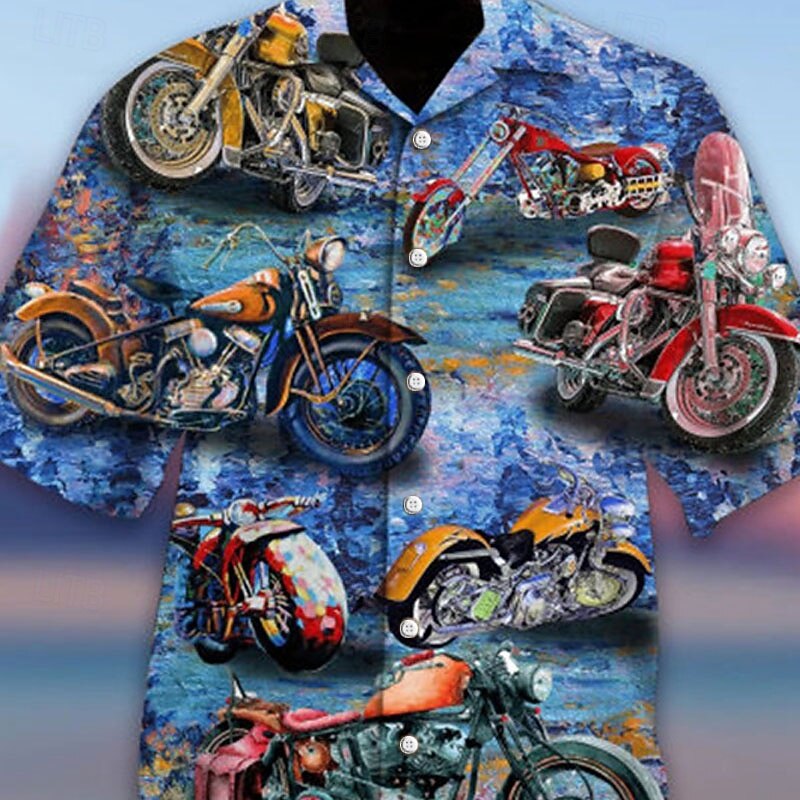 Men's Motorcycle Shirt Summer Hawaiian Shirt Camp Collar Shirt Short Sleeve Shirt Turndown Hawaiian Designer Casual Outdoor Street Casual Red Navy Blue Blue 3D Print S M L2