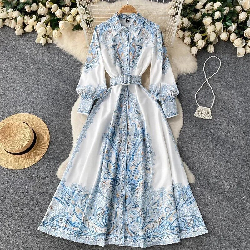 Women's Midi Dress Boho Dress Fashion Holiday Going out Weekend Regular Fit Flower Long Sleeve Shirt Collar Black Blue Apricot Summer