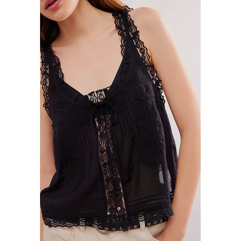 Women's T Shirt Blouse Plain Fashion Sleeveless V Neck Regular Tops Going out Weekend Lace Black White Brown Green Summer4