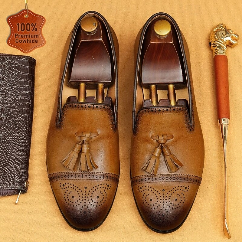Men's Brown Leather Tassel Loafers with Brogue Detailing, Classic Slip-On Dress Shoes for Weddings, Parties  and Formal Events