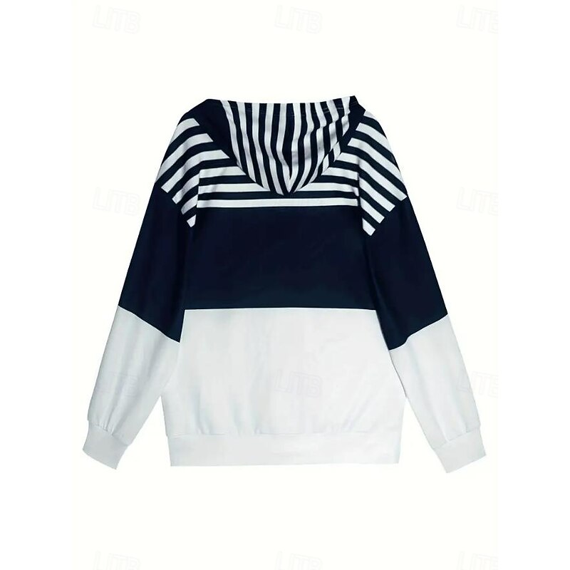 Women's Hooded Sweatshirt Jacket Long Sleeve Zip Up Hoodie With Pocket Lightweight Casual Micro-elastic Oversized Geometric Striped Active Vintage Sports Drawstring Front Pocket Navy Blue Spring Fall2