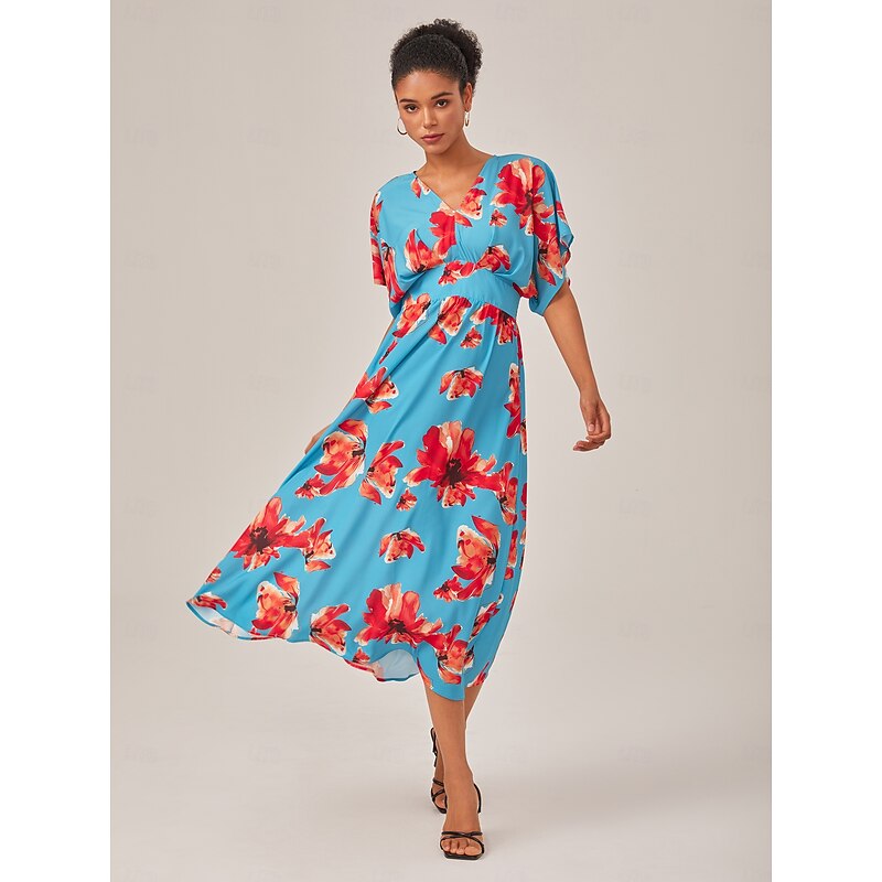 Blue Floral Summer  V Neck Elegant Midi Dress
