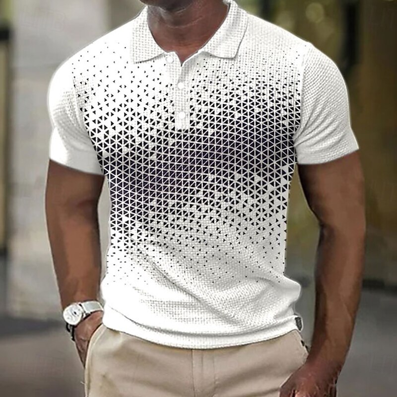 Men's Geometric Pattern Waffle Polo Shirts Short Sleeve Polo Shirts Collared Shirts Business Casual Business Athleisure Wear to work Buttons 3D Print Summer White