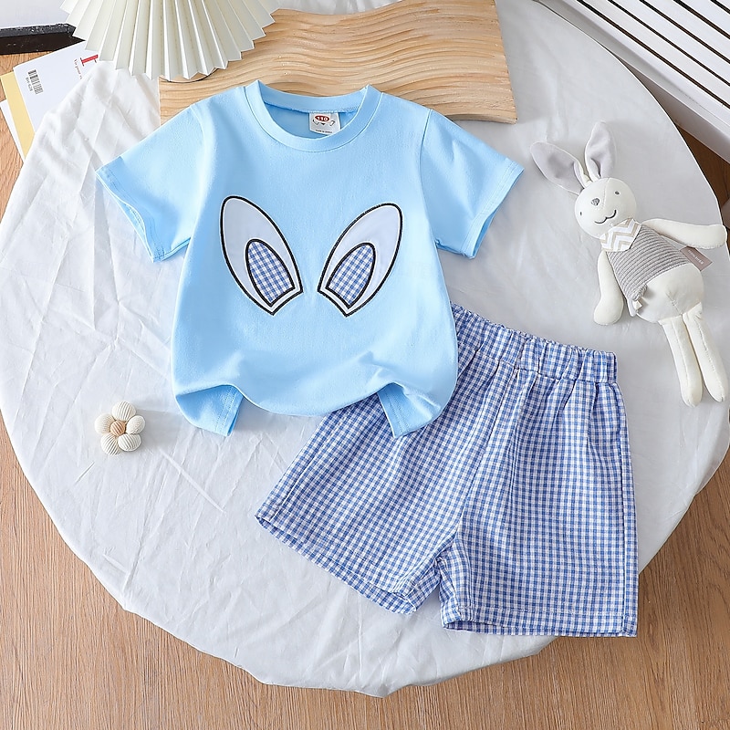 2 Pieces Kids Girls' Rabbit Print T-shirt & Shorts Set Short Sleeve Cute Outdoor 4 years+ Summer Blue