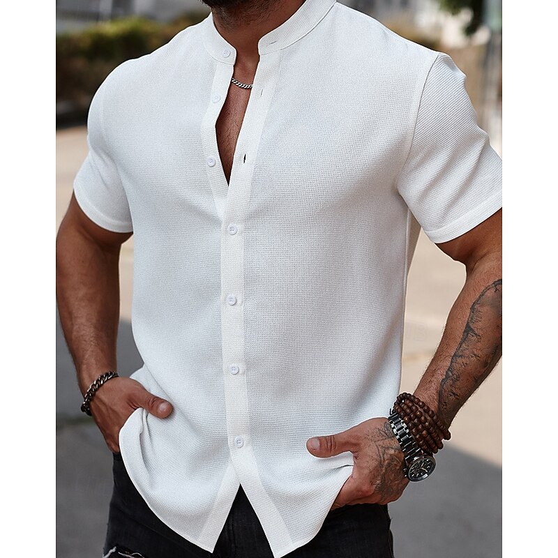Men's Shirt Summer Shirt Casual Shirt Beach Shirt Button Up Shirt White Short Sleeve Plain Grandad Collar Stand Collar Vacation Hawaiian Button-Down Clothing Apparel Polyester Fashion Casual