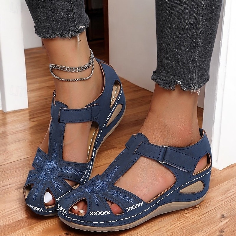 Women's Casual Comfort Sandals – Vintage Arch Support Velcro Walking Sandals with Hollow Design for Summer & Outdoor Wear