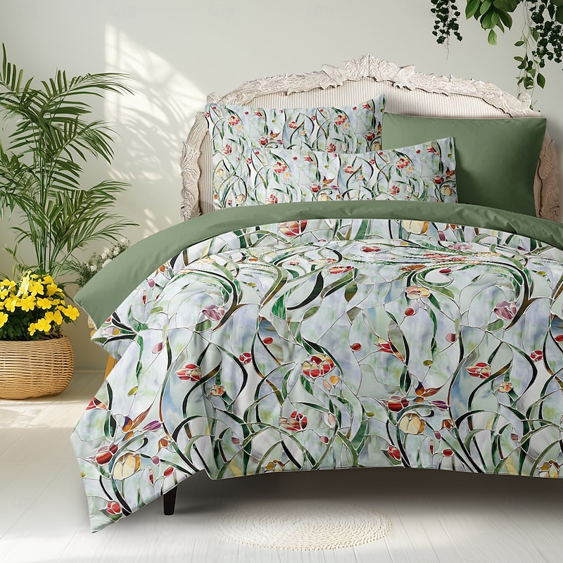 Floral Duvet Cover Set 100% Cotton Soft and Breathable Bedding Featuring Stained Glass Flowers Lightweight and Durable Quilt Cover Comfortable for All Seasons Easy to Care