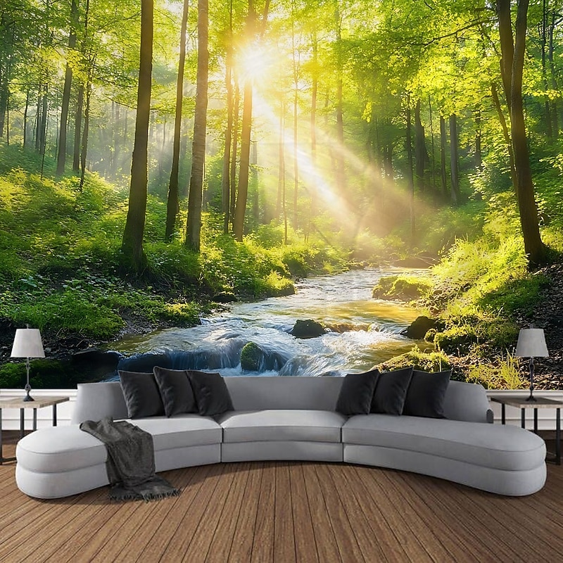 Sunshine Forest Landscape Hanging Tapestry Wall Art Large Tapestry Mural Decor Photograph Backdrop Blanket Curtain Home Bedroom Living Room Decoration