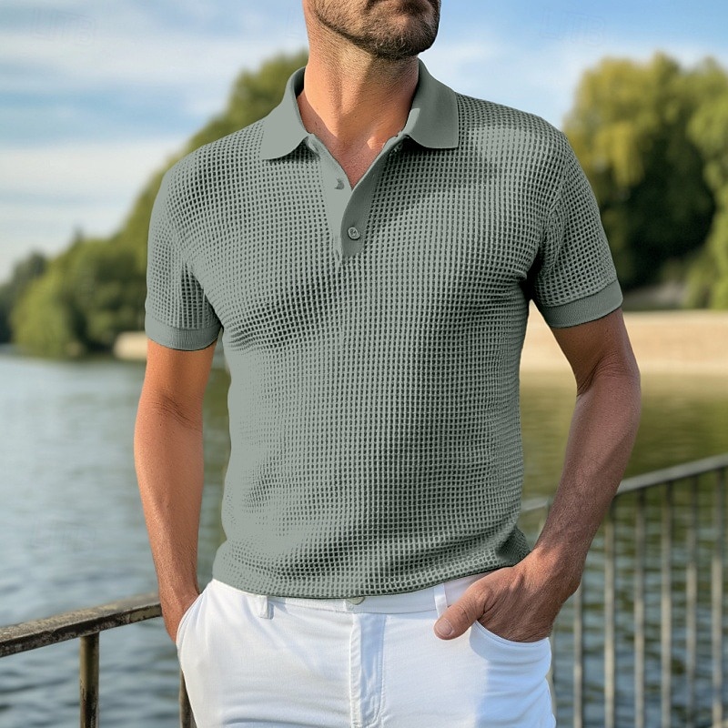 Men's Golf Shirt Waffle Knit Polo Shirt Business Casual Classic Short Sleeve Fashion Modern Solid Color Buttons Summer Spring Regular Fit White Yellow Light Green Burgundy Khaki Grey Golf Shirt