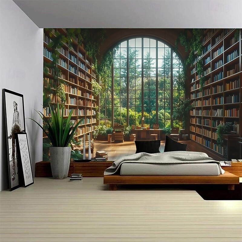 Landscape Forest Bookshelves Hanging Tapestry Wall Art Large Tapestry Mural Decor Photograph Backdrop Blanket Curtain Home Bedroom Living Room Decoration2
