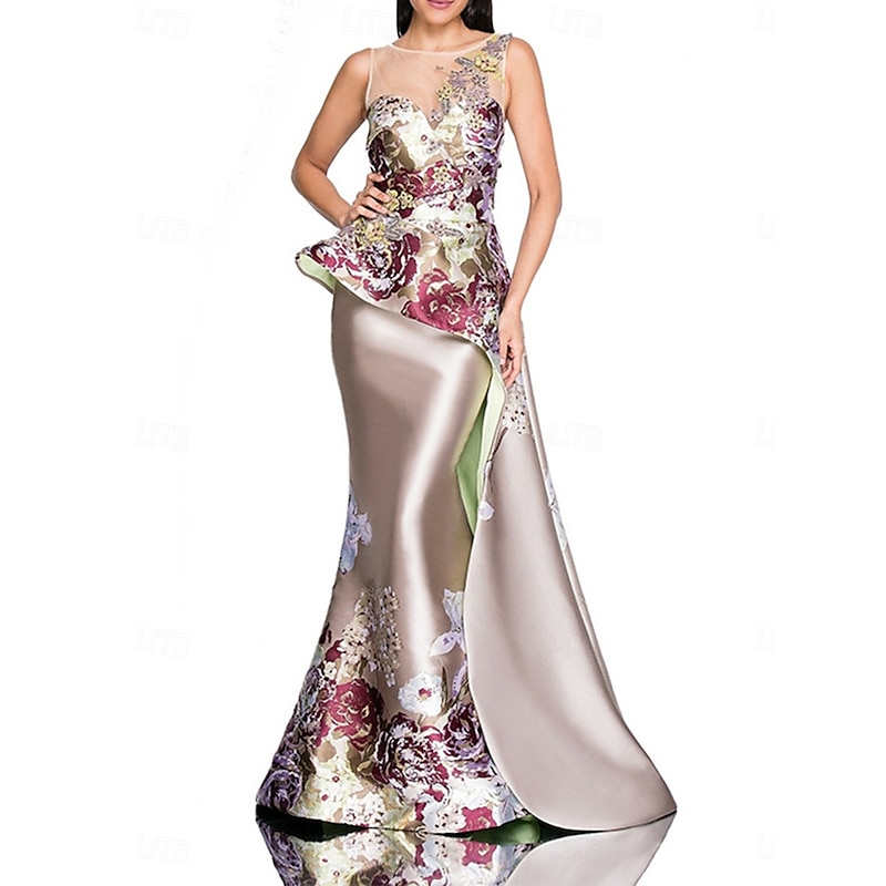 Mermaid Peplum Dress Evening Gown Elegant Dress Wedding Wedding Guest Floor Length Sleeveless Crew Neck Satin with Floral Print and Embroidered Lace3
