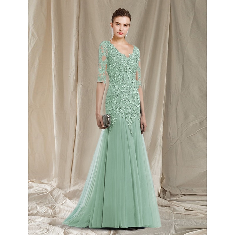 A-Line Mother of the Bride Dress Elegant V Neck Sweep / Brush Train Lace Tulle Half Sleeve No with Ruffles Appliques2
