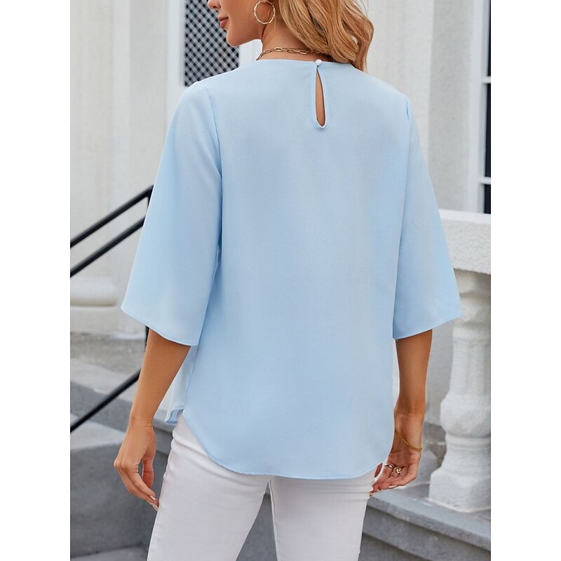 Women's Blouse Solid Color Stylish Casual 3/4 Length Sleeve Crew Neck Regular Tops Daily Black White Pink Wine Blue Summer Spring4