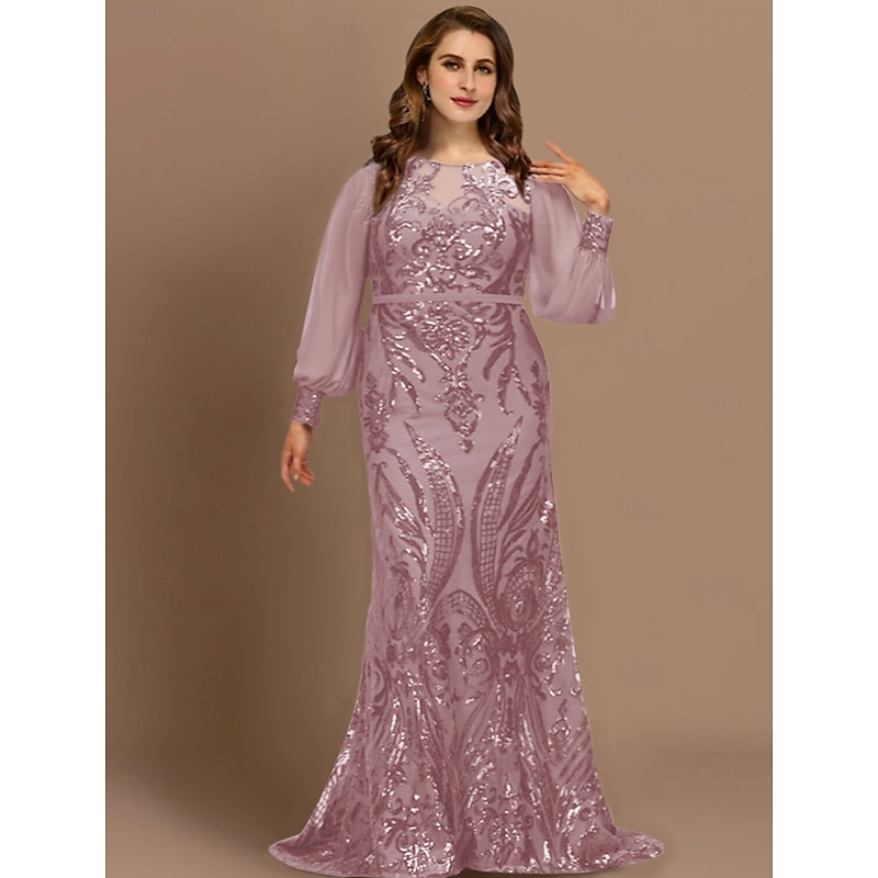 Mermaid Plus Size Curve Mother of the Bride Dresses Elegant Dress Formal Wedding Guest Sweep / Brush Train Long Sleeve Jewel Neck Chiffon with Sequin free custom size 11