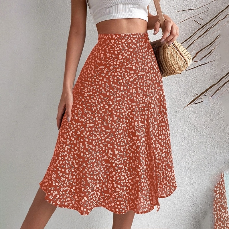 Women's Skirt A Line Casual Knee-length Mid Rise Skirts Floral Print Micro-elastic Vacation Street Black Yellow Blue Orange Summer Polyester3