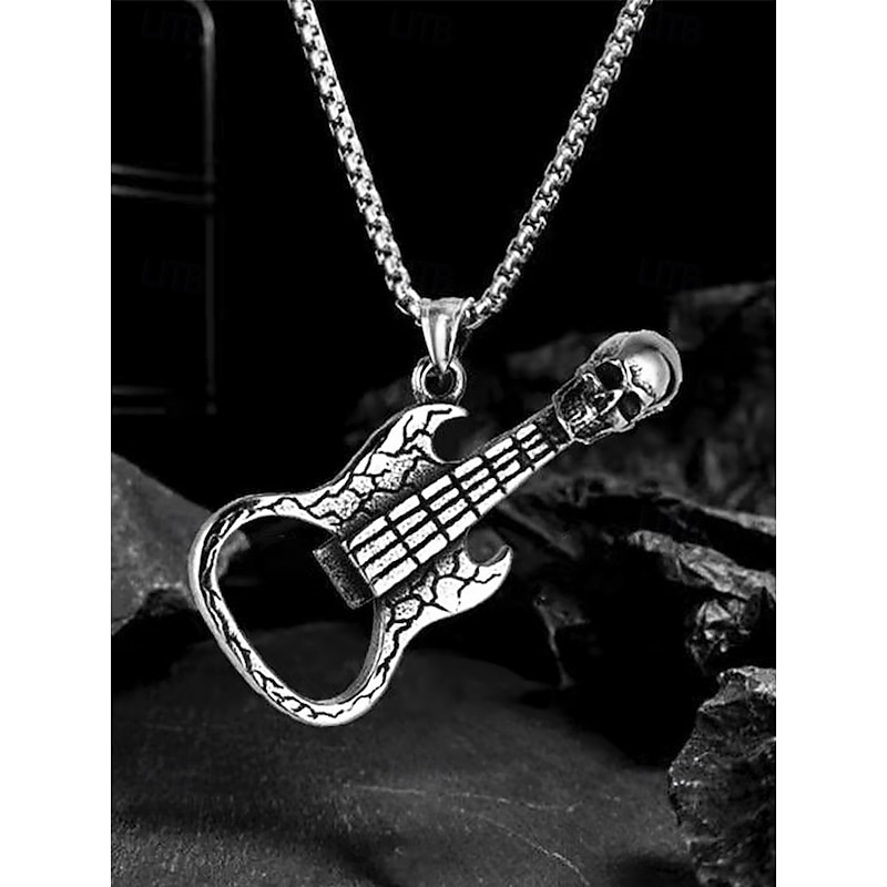 Men's Punk Rock Guitar Necklace with Skull Pendant – Stainless Steel Bottle Opener Chain for Music Lovers, Party & Bar Accessories2